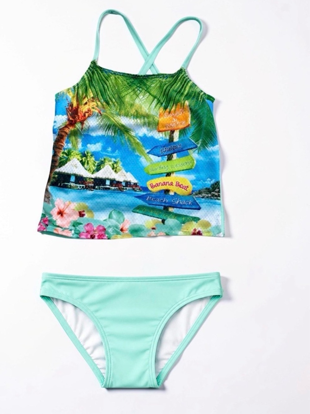 Girls' Mint Tropical Print Tankini Set Size Medium 7/8